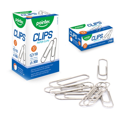 [17534] CLIPS METALICOS 33 MM 100 UNIDADES POINTER