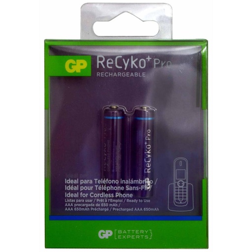[12589] PILA RECARGABLE GP RECYKO + PRO 1.2V  AAA 650 MAH PARA TELEFONO INALAMBRICO BLISTER X 2(GP65AAAHCE) GP65AAAHCAPC