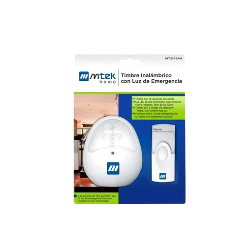 [16222] TIMBRE INALAMBRICO PILA MTEK 3718AA 16 MELODIAS CON LUZ DE EMERGENCIA (MT3718AA-B)